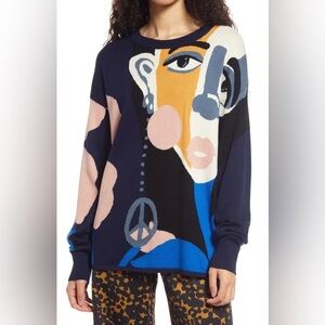 Cristina Martinez Intarsia Design Cotton & Cashmere Crewneck Plus Sz 2XL